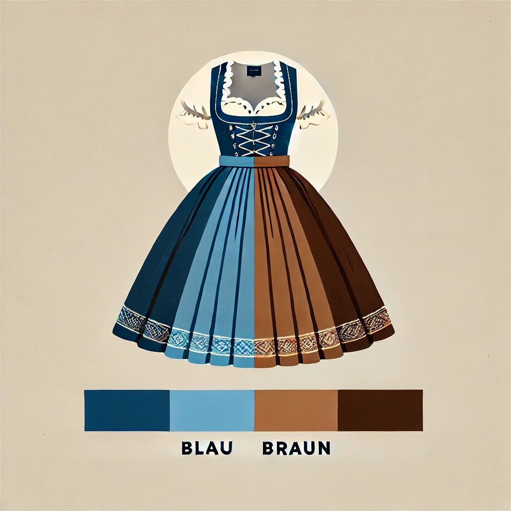Symbolická síla barevných kombinací: dirndl modrá hnědá, dirndl hnědá zelená a dirndl zelená hnědá